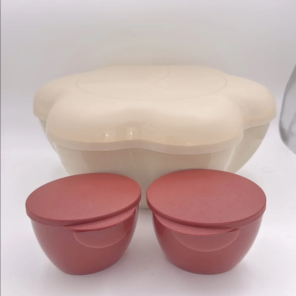 Tupperware Vintage large flower shape chips chips & dip salad Cream Red Bowl set